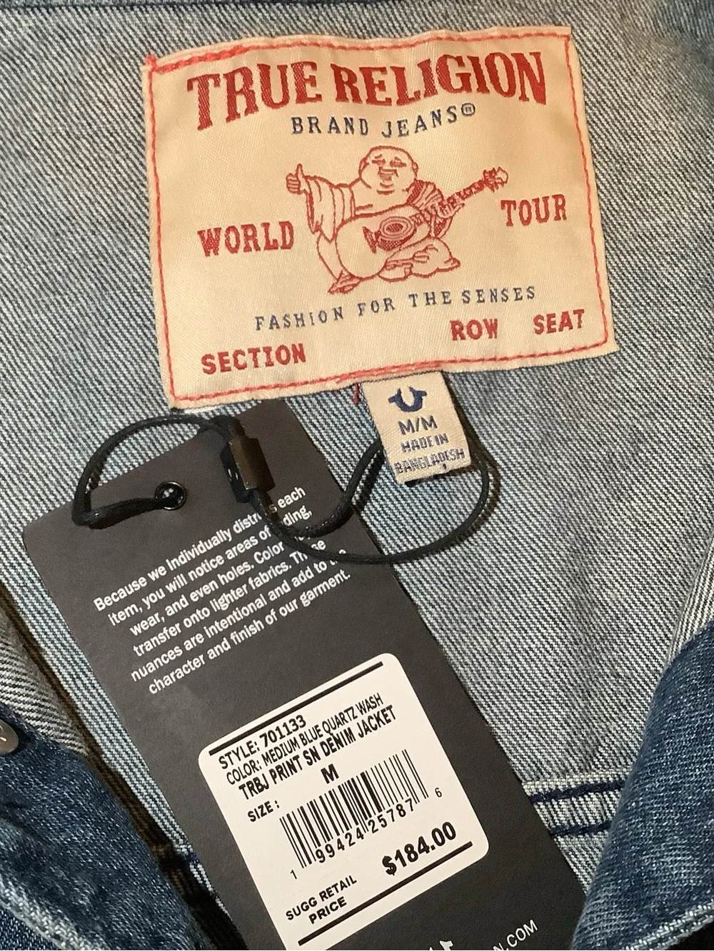 True Religion Logo Print Denim Jacket, color medium blue quartz wash, size: M